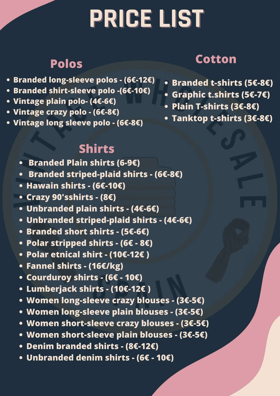 Clothing price list displaying prices for polos, cotton t-shirts, shirts, and blouses, with varied pricing ranges from 3€ to 12€.