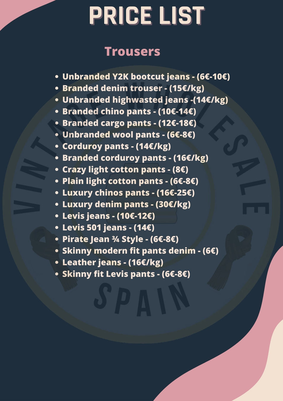 Price list for vintage trousers including various branded and unbranded options like jeans, corduroy, chinos, cargo pants, and leather pants.