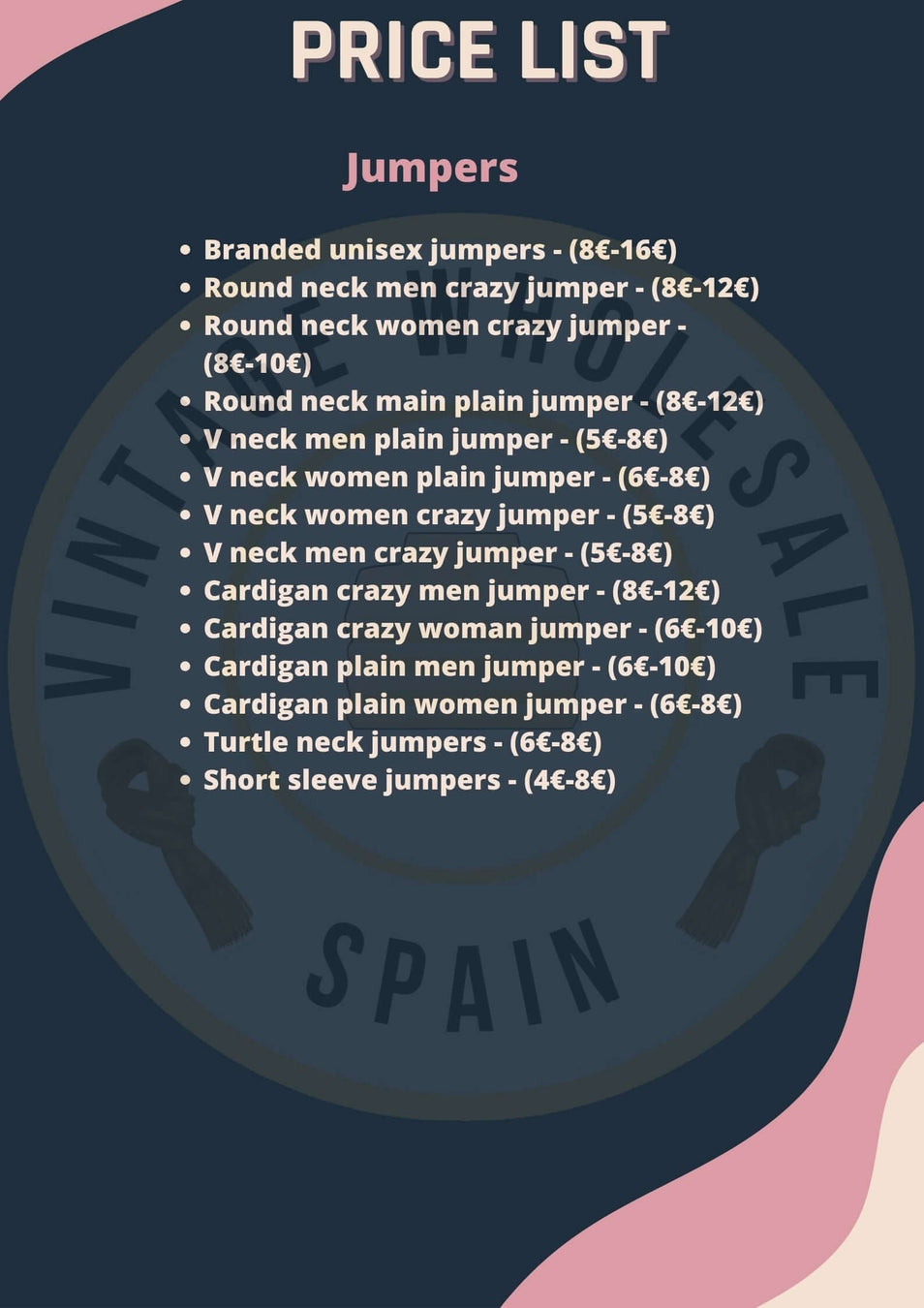 Vintage Spain clothing price list featuring various jumper styles and prices, including branded unisex, round neck, V neck, and cardigans.