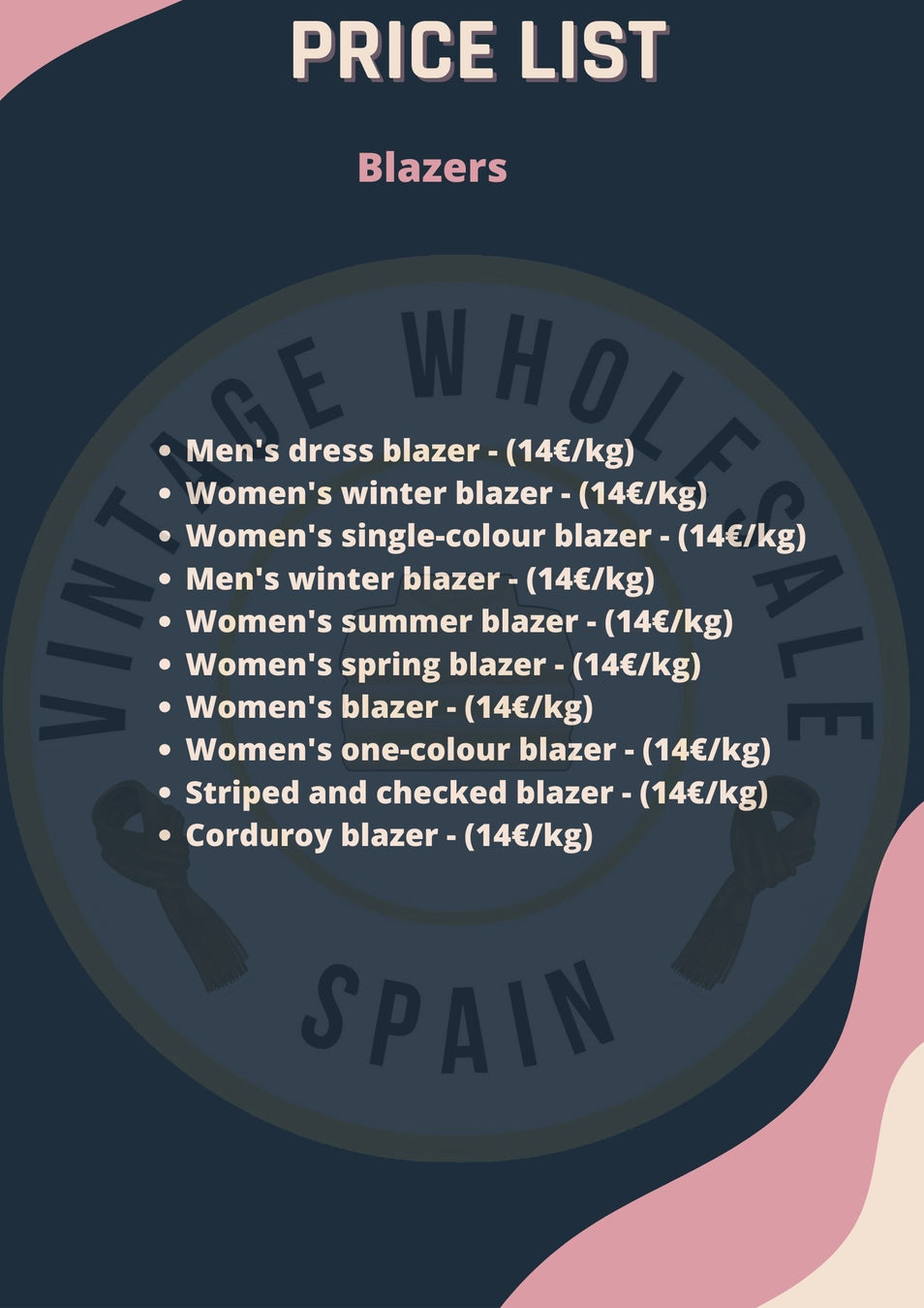 Vintage Wholesale Spain price list for blazers, featuring various styles like women's dress, winter, spring, striped, and corduroy, all priced at 14€/kg