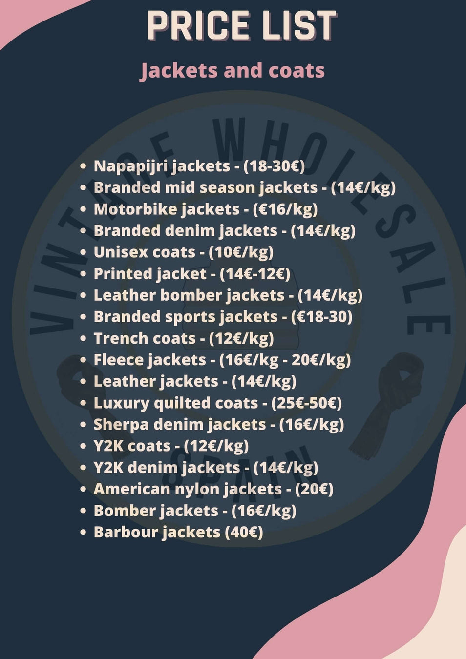 Price list for various jackets and coats including Napapijri, branded mid-season, motorbike, denim, unisex, printed, leather, sports, and Barbour jackets.