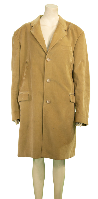 Beige corduroy men's overcoat with buttons displayed on a mannequin