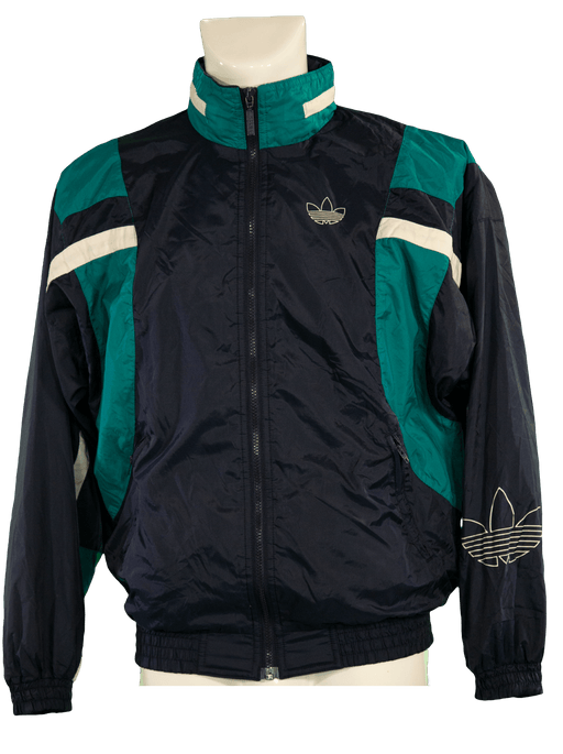 Retro navy and teal zip-up windbreaker jacket with logo embroidery on chest and sleeve.