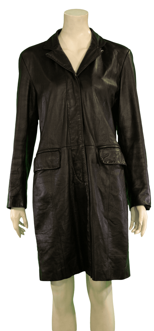 Black leather long coat on a mannequin, featuring a sleek design and front pockets.