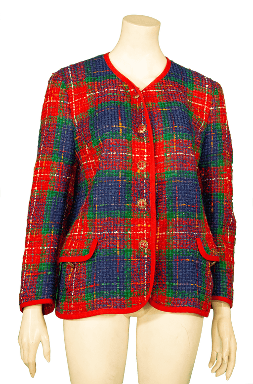 Vintage women's winter blazer with red, green, and blue plaid pattern from the 70s-00s mix. Perfect for vintage fashion enthusiasts.