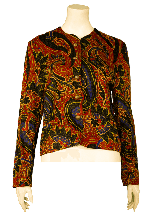 Vintage 70s women's winter blazer with vibrant floral and paisley pattern, part of wholesale mix batch - ideal for vintage fashion enthusiasts.