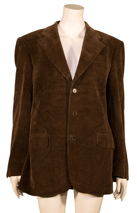 Brown corduroy blazer on a mannequin displayed against a white background.