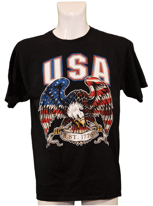 Black t-shirt with USA text and American eagle graphic, featuring the year 1776 establishment date.