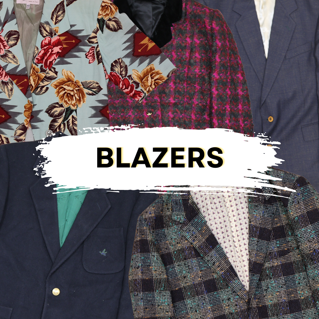 Various stylish blazers in different patterns and colors displayed in a collage.