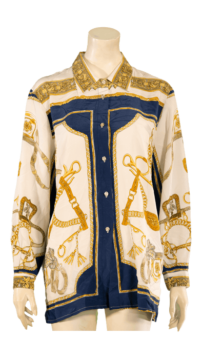 Elegant vintage-style shirt with intricate gold and blue patterns, featuring heritage equestrian designs.