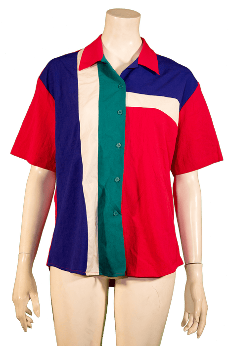 Colorful button-up shirt with red, blue, green, and white vertical and horizontal stripes displayed on a mannequin.