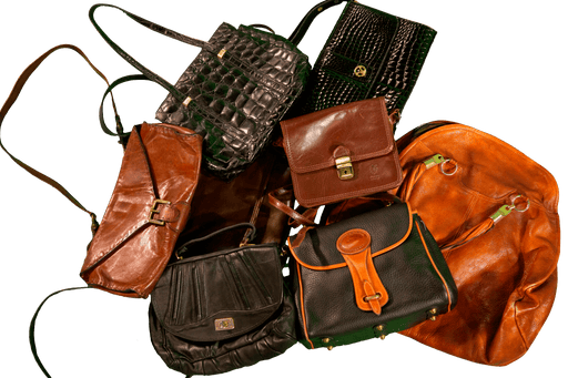 Collection of vintage leather bags from the 70s, 80s, 90s, and 00s, perfect for vintage fashion enthusiasts and wholesale buyers.