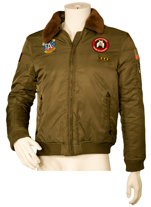 Olive green bomber jacket with fur collar and military patches displayed on a mannequin.