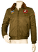 Olive green bomber jacket with fur collar and military patches displayed on a mannequin.