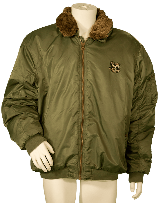 Olive green bomber jacket with fur collar on mannequin