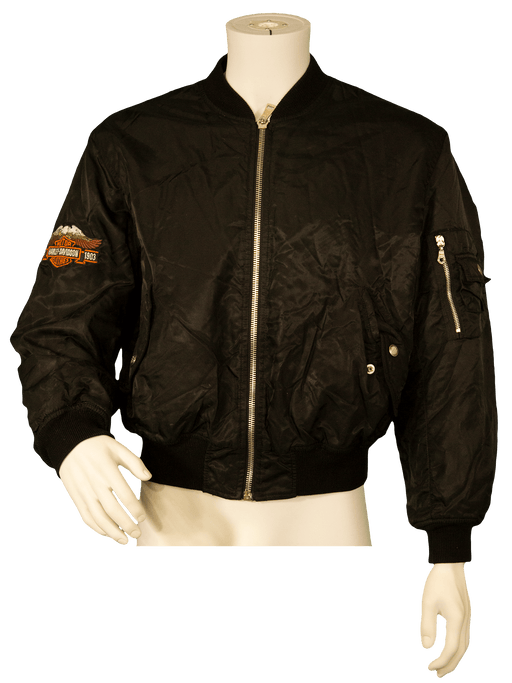 Black bomber jacket with zipper and embroidered patch on sleeve displayed on mannequin