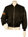 Black bomber jacket with zipper and embroidered patch on sleeve displayed on mannequin