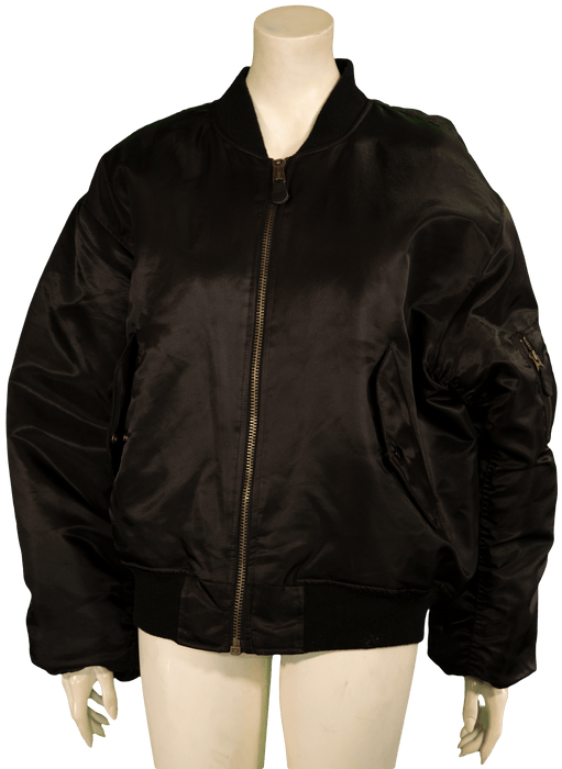 Black bomber jacket on mannequin with front zipper closure and ribbed cuffs designed for stylish comfort and warmth.