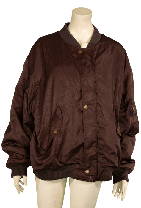 Brown oversized bomber jacket displayed on a mannequin.