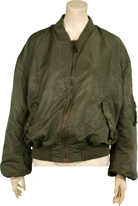 Olive green bomber jacket with zip closure and ribbed cuffs displayed on a mannequin