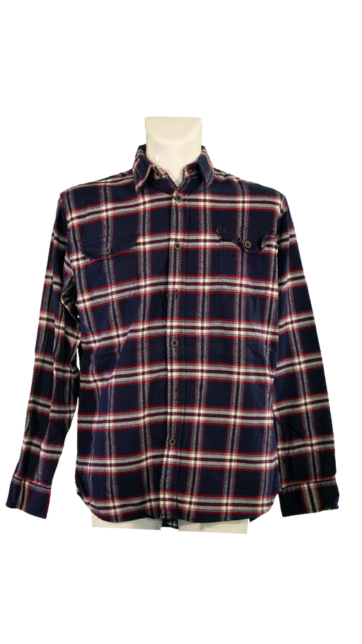 Classic navy and red plaid flannel shirt with button-up front and chest pockets displayed on a mannequin