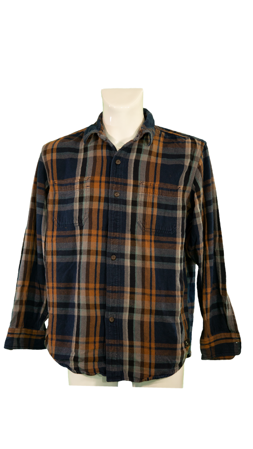 Men's long-sleeve flannel shirt with blue, orange, and white plaid pattern on mannequin. Perfect for casual wear and outdoor activities.