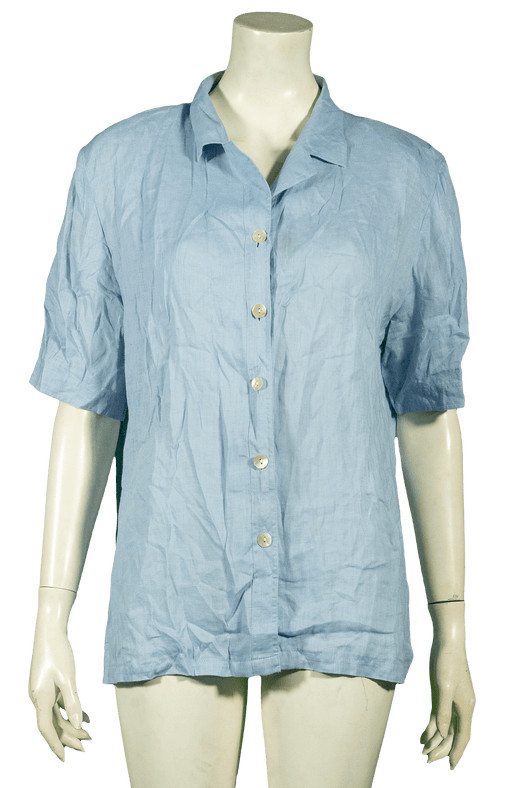 Light blue vintage linen shirt from various decades on mannequin for wholesale fashion suppliers