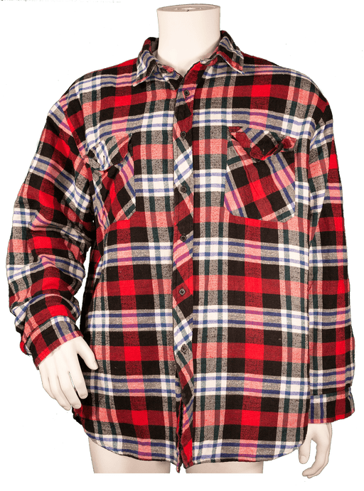 Red and black plaid flannel shirt on mannequin.