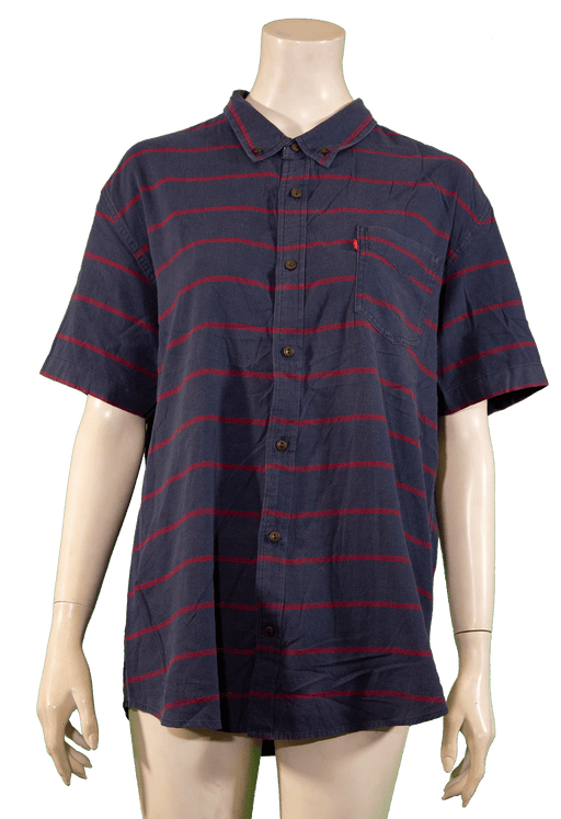 Navy blue and red striped short-sleeve button-up shirt on mannequin