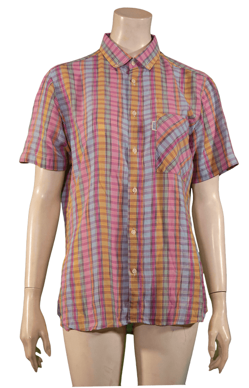 Colorful plaid short-sleeve button-up shirt displayed on a mannequin