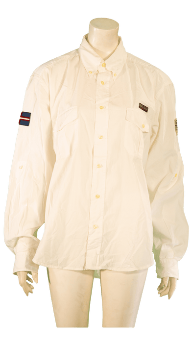 White long-sleeve button-up shirt with patches on the sleeves displayed on a mannequin