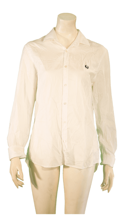 White long-sleeve button-up shirt with collar on a mannequin.