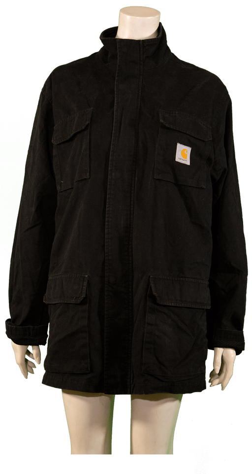 Black oversized jacket with multiple pockets displayed on a mannequin.