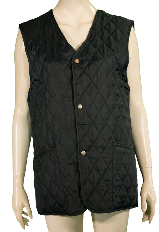 Black quilted vest with button closure and front pockets on a mannequin.