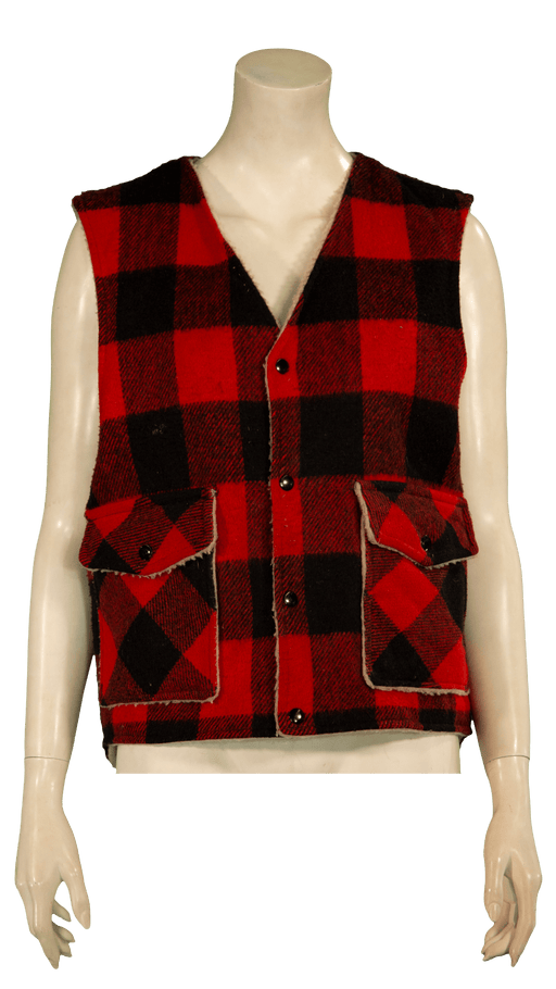 Red and black checkered sleeveless vest with front pockets displayed on a mannequin