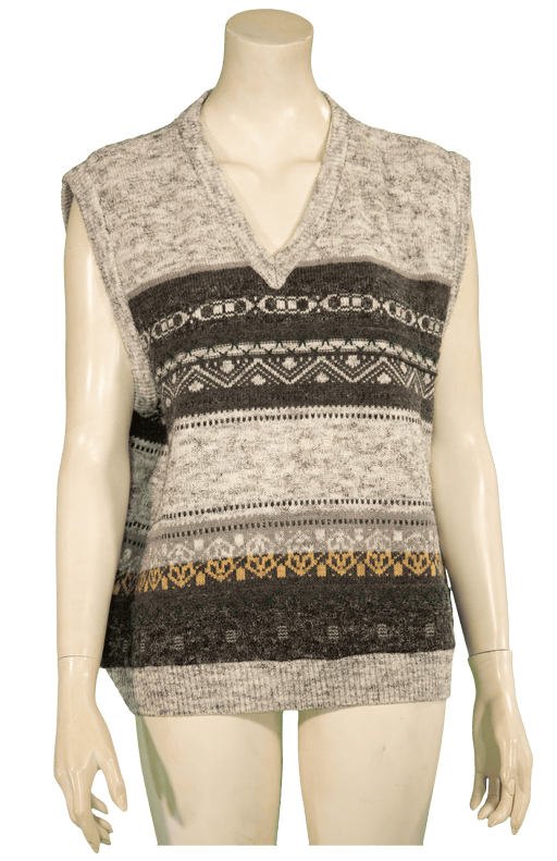 Fashionable sleeveless gray knitted sweater with intricate patterns displayed on a mannequin.