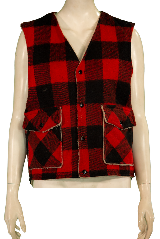 Red and black checkered flannel vest with pockets displayed on a mannequin.