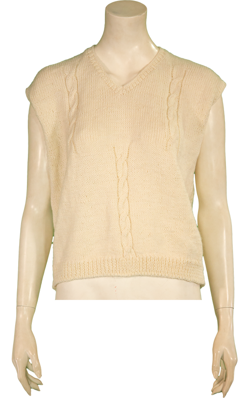 Beige cable knit sleeveless sweater on mannequin.