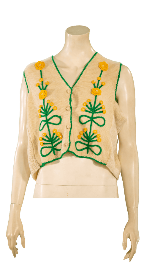 Vintage cream wool vest with green and yellow embroidery, featuring flower patterns, sleeveless and buttoned front.