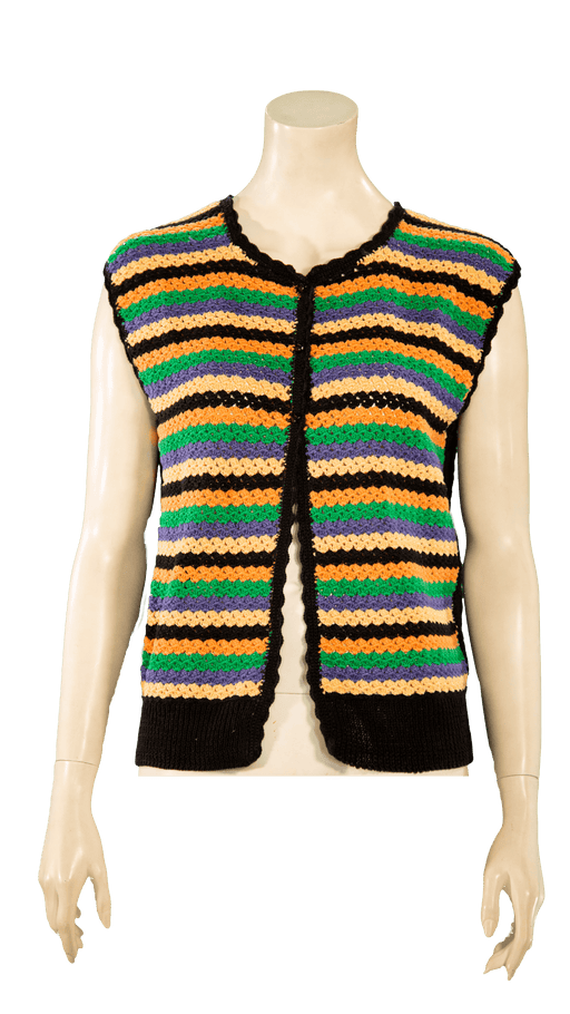 Colorful striped knit vest on a mannequin perfect for stylish layering.