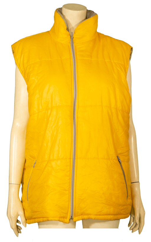 Yellow sleeveless puffer vest with zipper front on mannequin