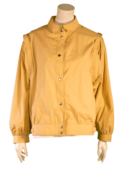 Yellow button-up jacket with long sleeves on a mannequin