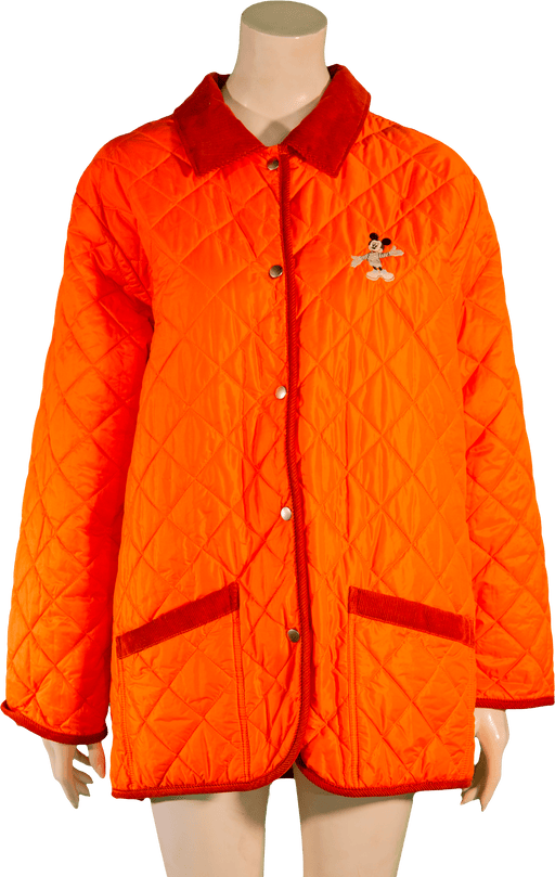 Bright orange quilted jacket with cartoon character embroidery and red accents