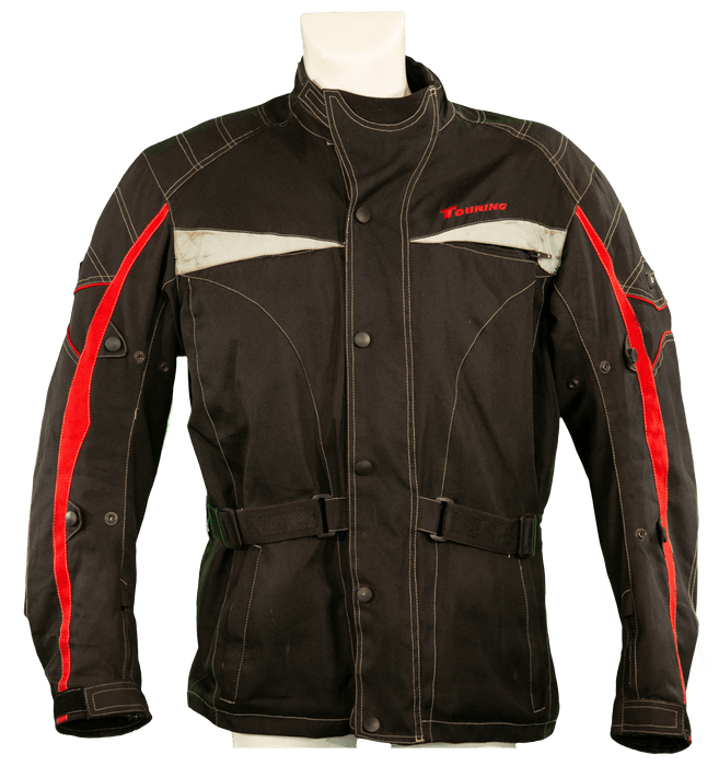 Touring motorcycle jacket in black with red stripes, featuring secure button and belt closures for enhanced safety and comfort.