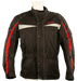 Touring motorcycle jacket in black with red stripes, featuring secure button and belt closures for enhanced safety and comfort.