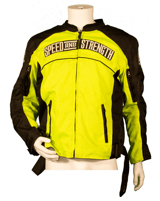 High-visibility Speed and Strength motorcycle jacket with black and neon yellow design