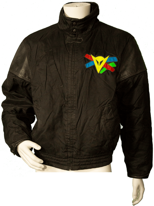 Black jacket with colorful ribbon logo on mannequin