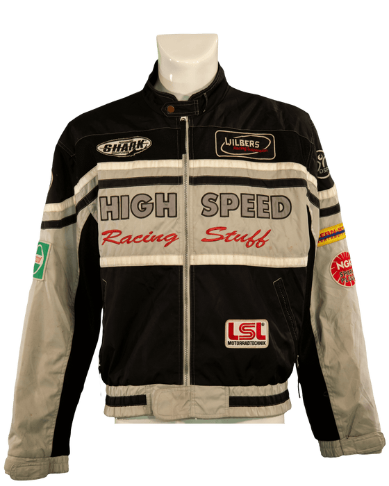 High speed racing jacket with various brand logos and "Racing Stuff" text.