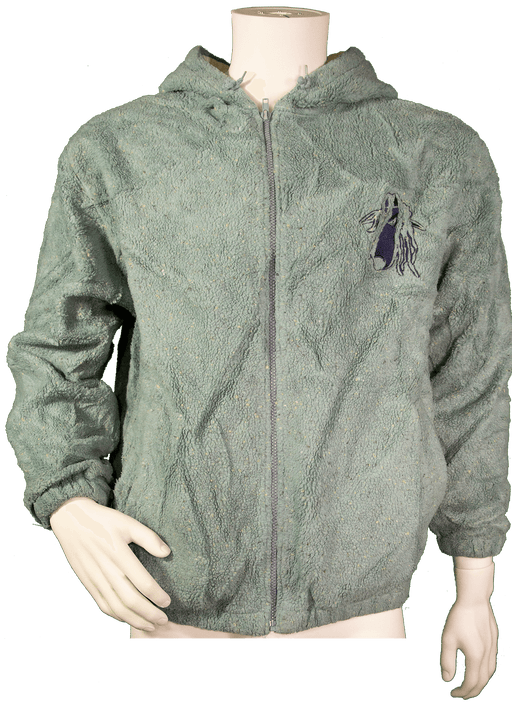 Light green zip-up hoodie with embroidered design on mannequin