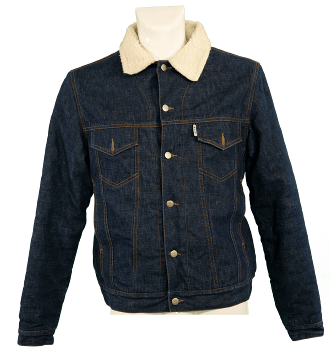 Denim jacket with shearling collar on a mannequin, front view.